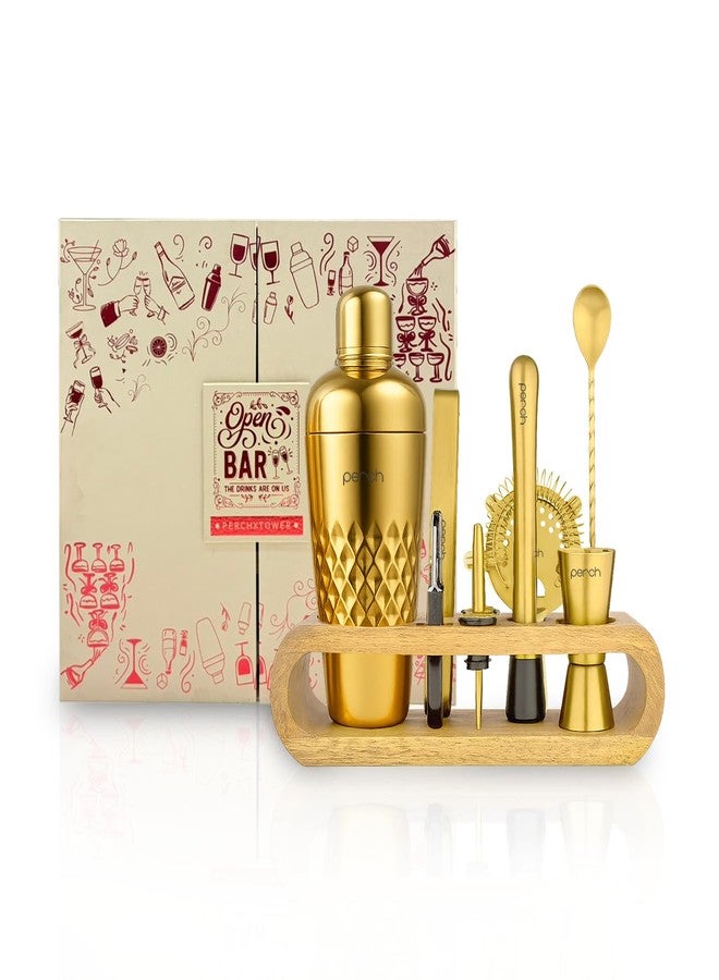 Perch O Holic Cocktail Shaker Gift Set | 10-Piece Stainless Steel Bartender Kit with Mango Wooden Stand| Accessories for Home Bar|Gift Box for Winters, Birthday, Wedding, Anniversary, Christmas|Golden - Image 1